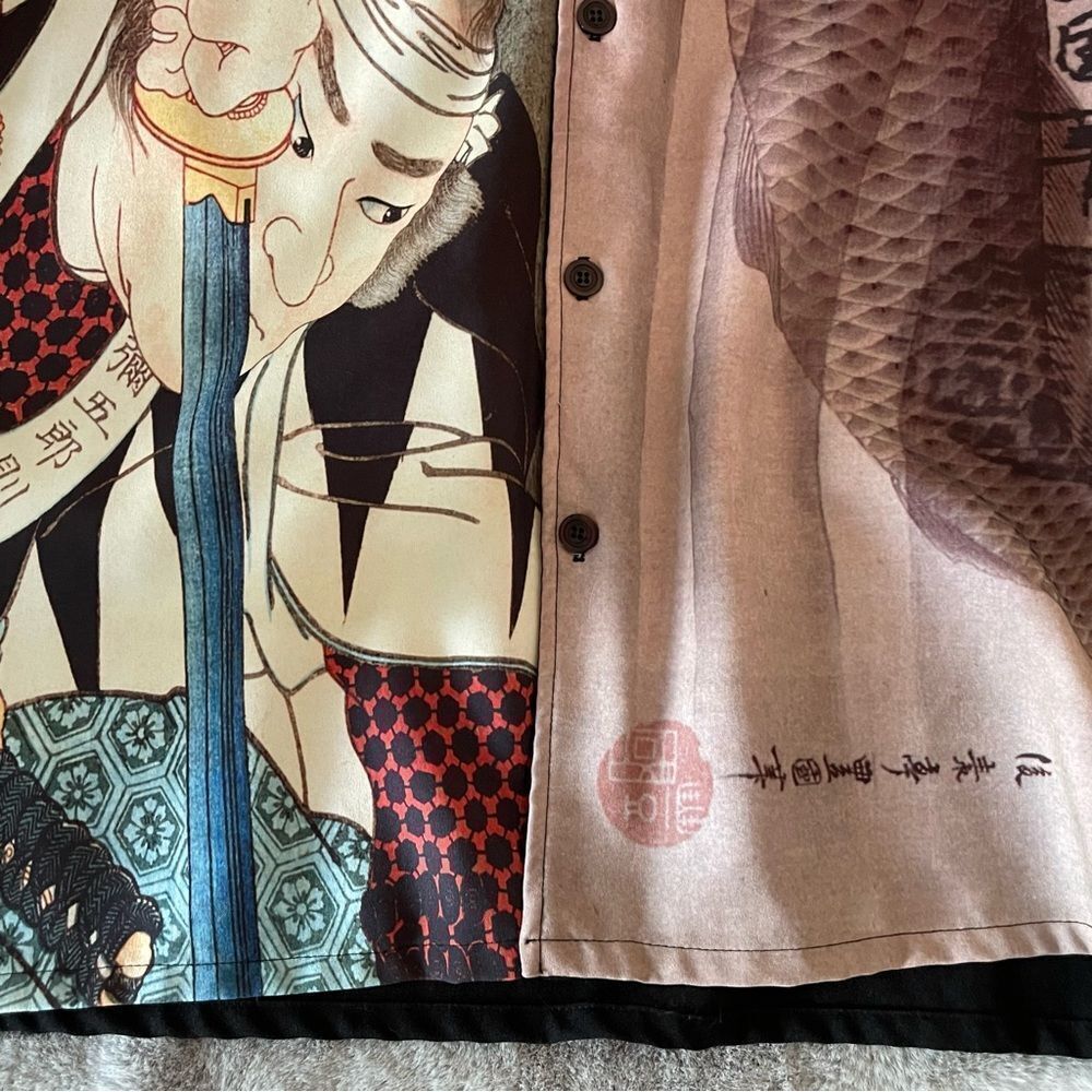 WD Sportswear Vintage 90's Japanese Koi Fish Samurai Short Sleeve Button Down XL - Picture 4 of 12